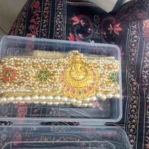 Maggam work hip belt with pearl loreals, ghungroos and laxmi pendant