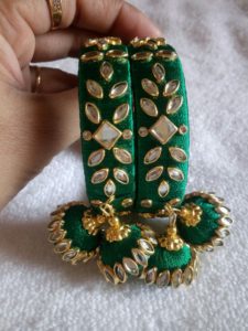 Dark Green Silk Thread kundan bangles with hangings