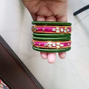 Green and magenta silk thread bangles