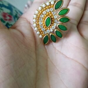 Designer green kundans finger ring adjustable