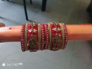 Pink Silk thread bangles with metal bangles