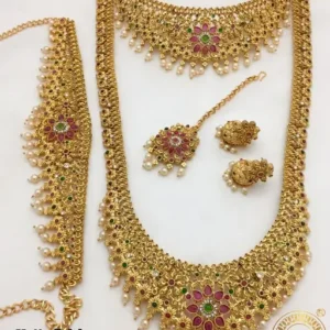 South Indian Bridal Double Necklace With Earring And Maangtikka And Kamarpattu Jewellery Set For Indian Bride