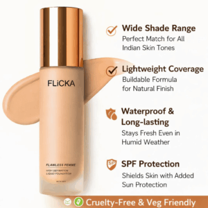 FLiCKA Flawless Femme Liquid Foundation review a buildable, waterproof base designed for Indian skin tones
