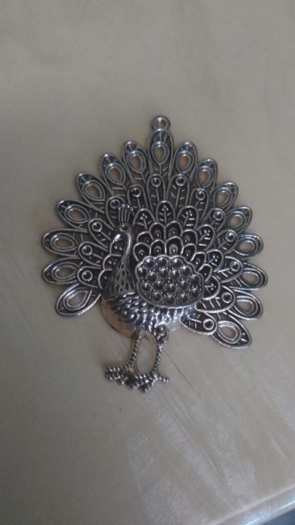 Antique silver peacock pendant big