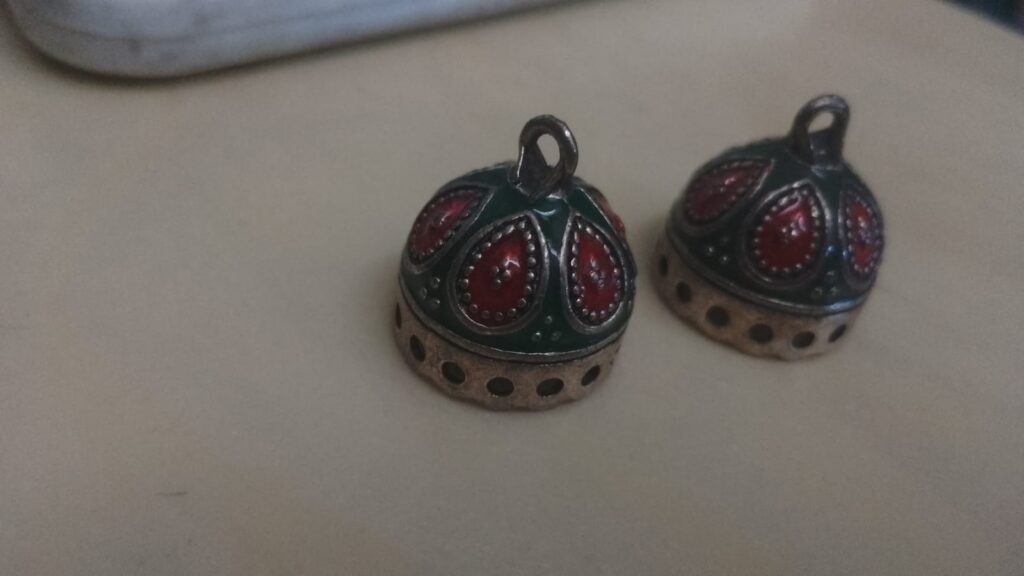 Meenakari silver jhumka bases dark green and red