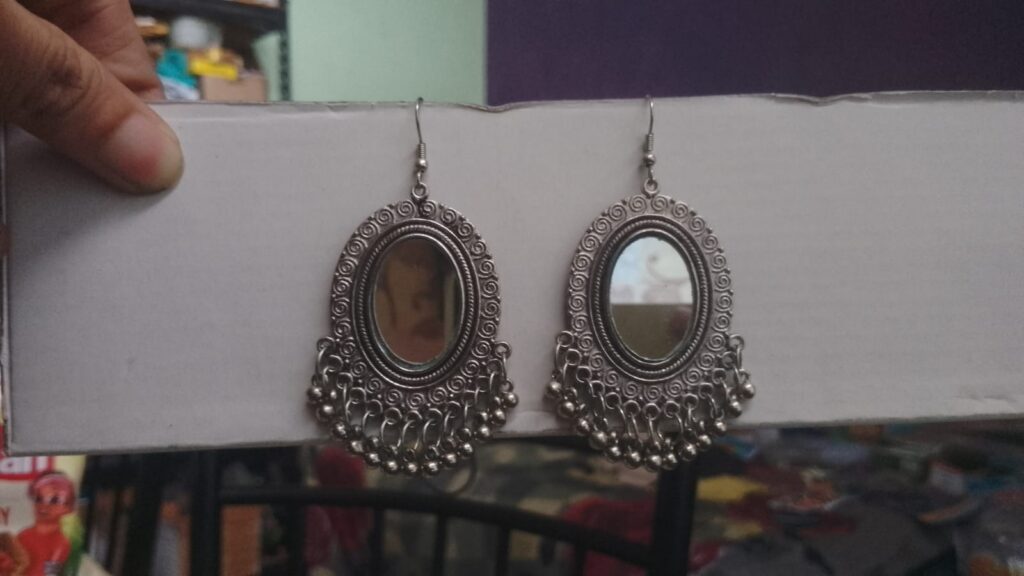 Silver mirror earrings with ghungroos