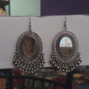 Silver mirror earrings with ghungroos