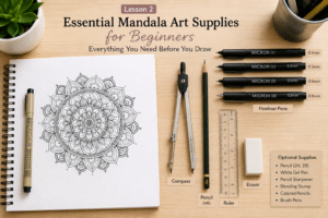 Representative image of essential mandala art supplies for beginners, including paper, fineliner pens, a compass, ruler, pencil and eraser used to create beautiful mandala designs step by step.