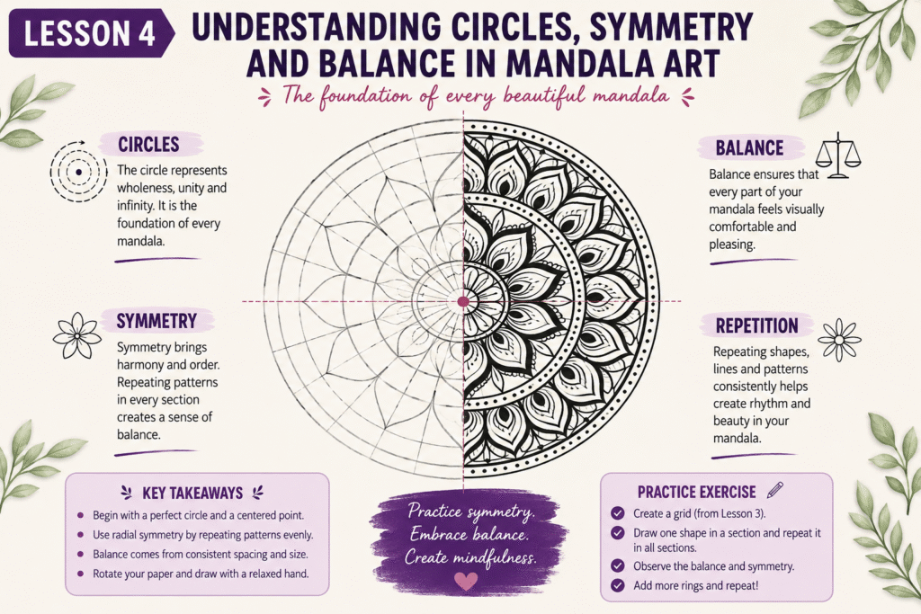 Representative image illustrating circles, symmetry and balanced patterns in mandala art, helping beginners understand the core principles behind creating beautiful and harmonious mandala designs.
