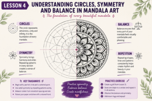 Representative image illustrating circles, symmetry and balanced patterns in mandala art, helping beginners understand the core principles behind creating beautiful and harmonious mandala designs.