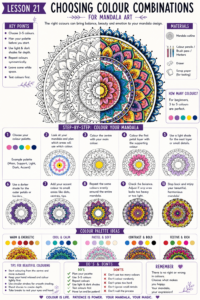 Step-by-step mandala colour combination guide showing warm, cool, pastel, monochrome, contrast and festive colour palettes.