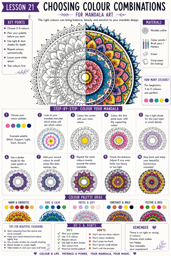 Step-by-step mandala colour combination guide showing warm, cool, pastel, monochrome, contrast and festive colour palettes.