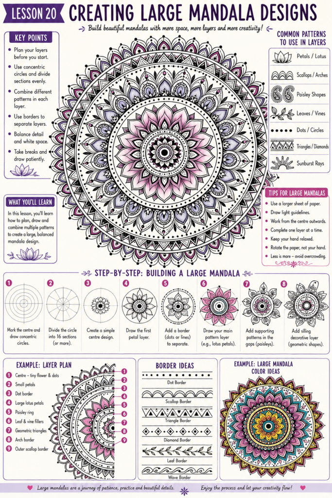 Step-by-step large mandala design showing concentric circles, layered petals, geometric sections, dots, borders and outer patterns.