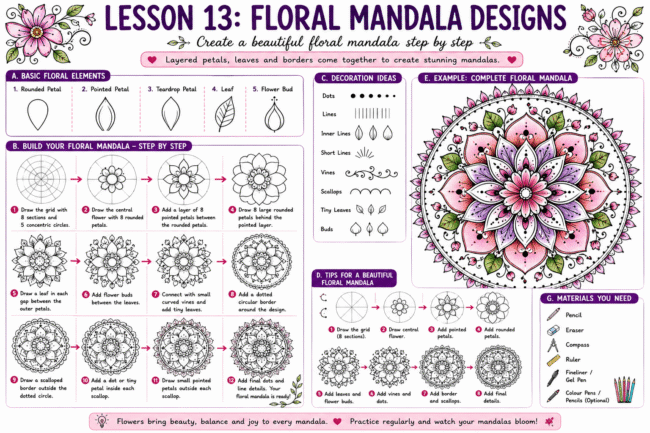 Step-by-step floral mandala design featuring layered petals, leaves, flower buds, dots and decorative circular borders.