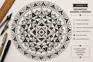Step-by-step geometric mandala design featuring circles, triangles, diamonds, square patterns, dots and clean decorative borders.