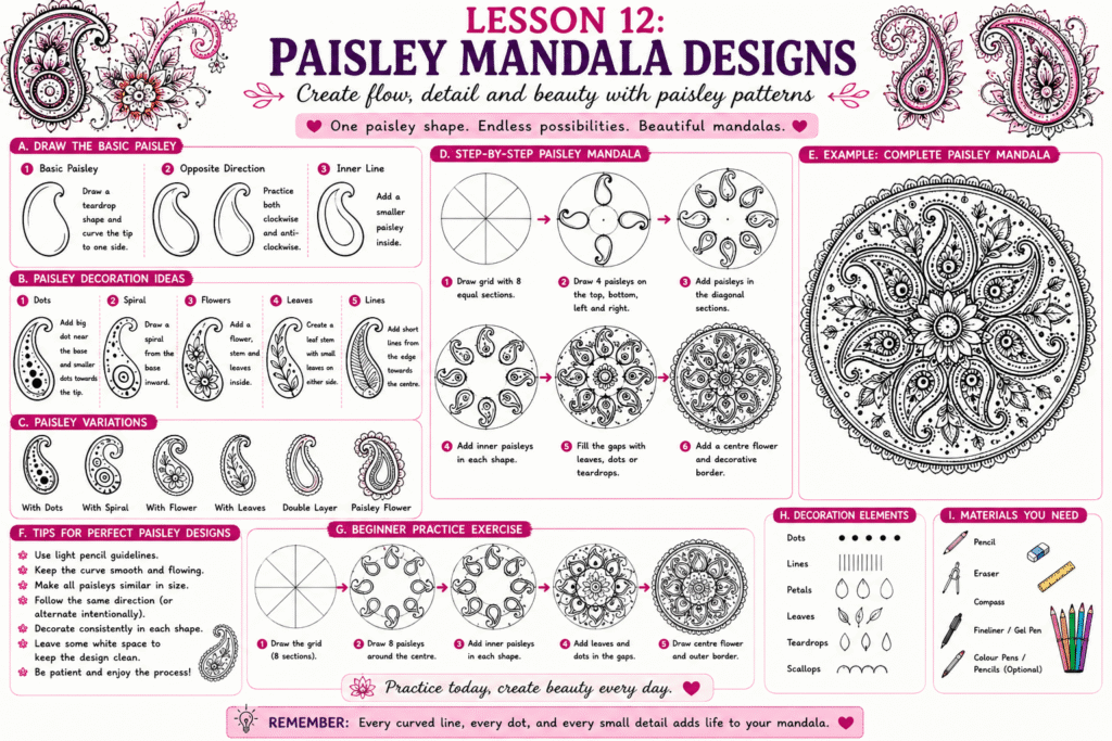Step-by-step paisley mandala design featuring curved motifs, nested patterns, flowers, leaves, dots and decorative borders.