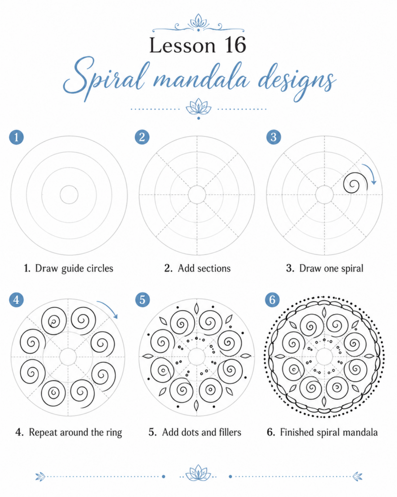 Learn how to create spiral mandala designs step by step with guide circles, evenly repeated spirals, dots, leaf fillers and a decorative outer border.
