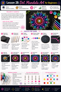 Step-by-step dot mandala art guide showing centre dots, circular dot rings, descending dot trails, dot petals and colourful dotted borders.