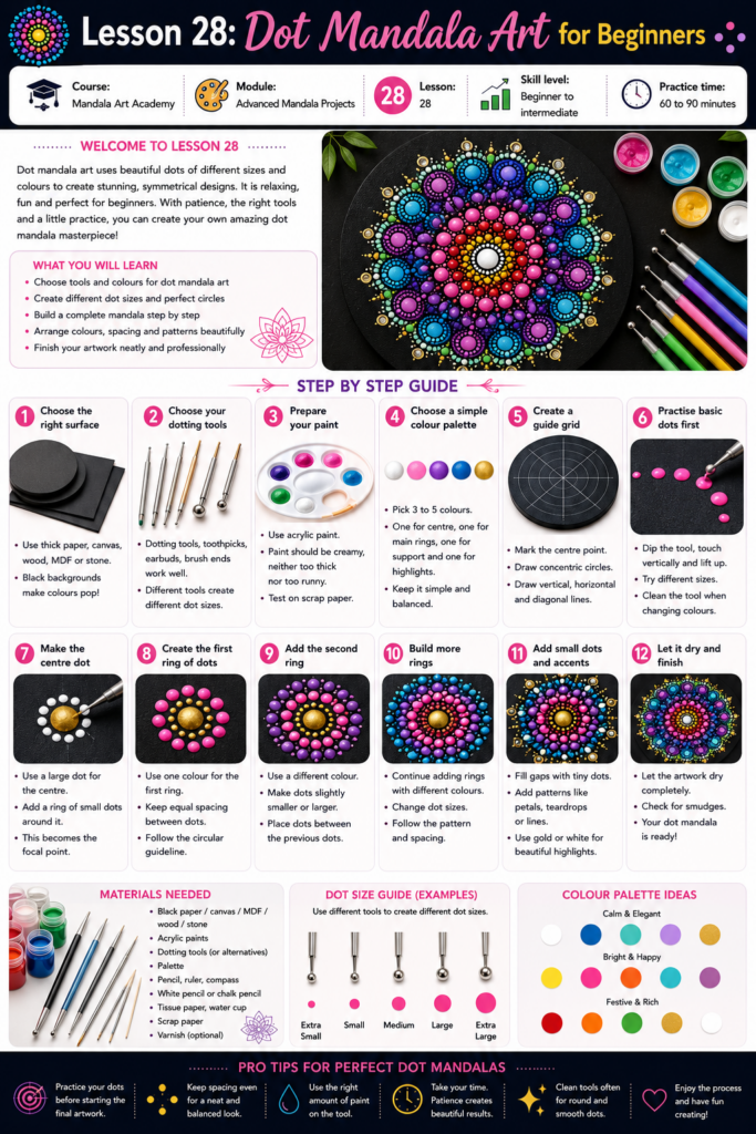 Step-by-step dot mandala art guide showing centre dots, circular dot rings, descending dot trails, dot petals and colourful dotted borders.