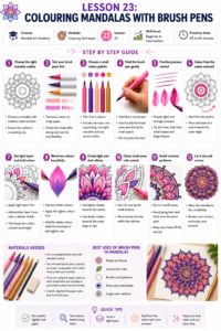 Step-by-step brush pen mandala colouring guide showing smooth strokes, colour blending, gradients, shadows, borders and bright details.