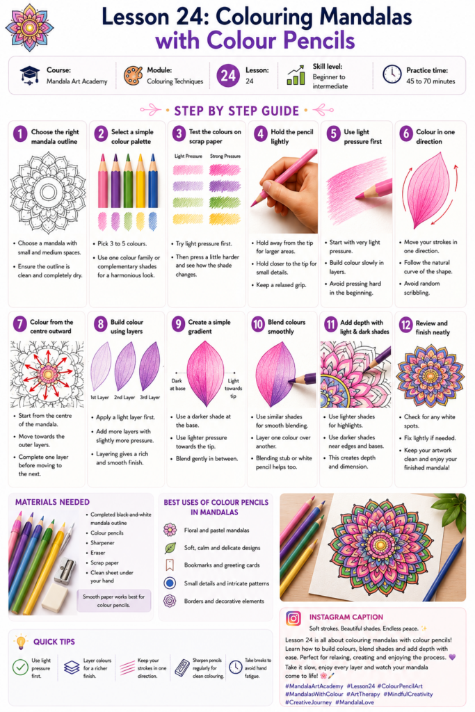 Step-by-step colour pencil mandala guide showing light pressure, layering, blending, gradients, shading and smooth colouring techniques.