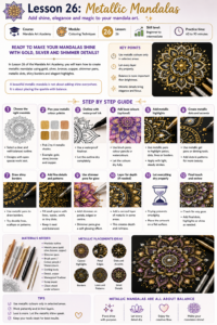 Step-by-step metallic mandala guide showing gold, silver, copper, shimmer dots, shiny borders, petal highlights and black paper effects.