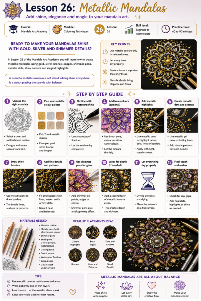 Step-by-step metallic mandala guide showing gold, silver, copper, shimmer dots, shiny borders, petal highlights and black paper effects.