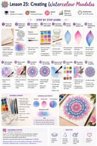 Step-by-step watercolour mandala guide showing soft washes, gradient petals, colour blending, dreamy backgrounds and final pen details.