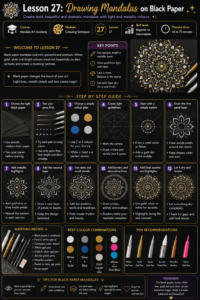 Step-by-step black paper mandala guide showing white outlines, gold highlights, metallic dots, decorative borders and bright colour accents.