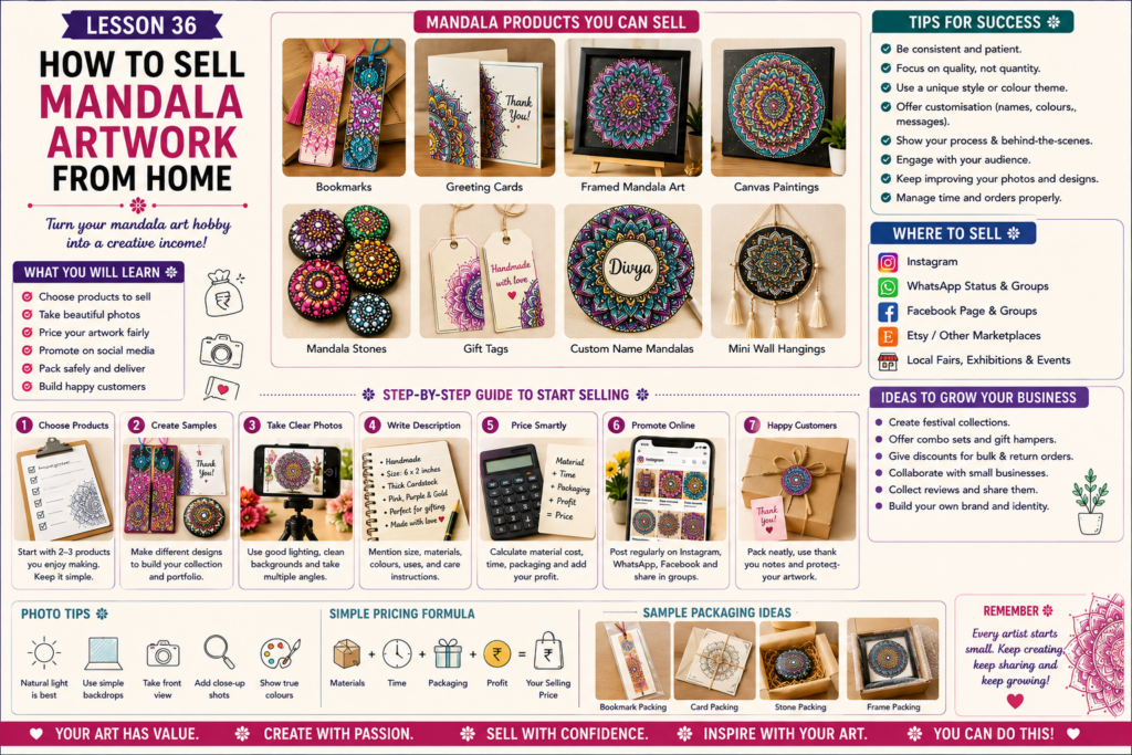 A beginner-friendly guide to selling mandala artwork from home, including handmade product ideas, clear photos, packaging, Instagram promotion and customer orders. Representative image.
