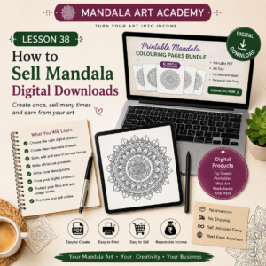 A beginner-friendly guide to selling mandala digital downloads, including printable colouring pages, PDF files, previews, pricing, bundles and usage terms. Representative image.