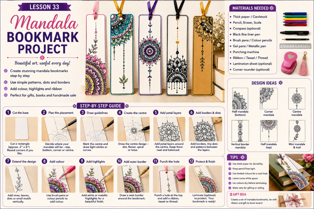 A step-by-step mandala bookmark project showing half mandalas, dot borders, floral patterns, colour highlights, ribbon finishing and handmade gift ideas. Representative image.