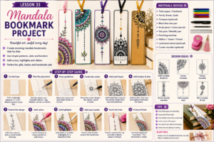 A step-by-step mandala bookmark project showing half mandalas, dot borders, floral patterns, colour highlights, ribbon finishing and handmade gift ideas. Representative image.