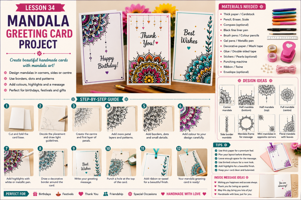 A step-by-step mandala greeting card project showing corner mandalas, half mandalas, message space, borders, colours, highlights and handmade card finishing. Representative image.