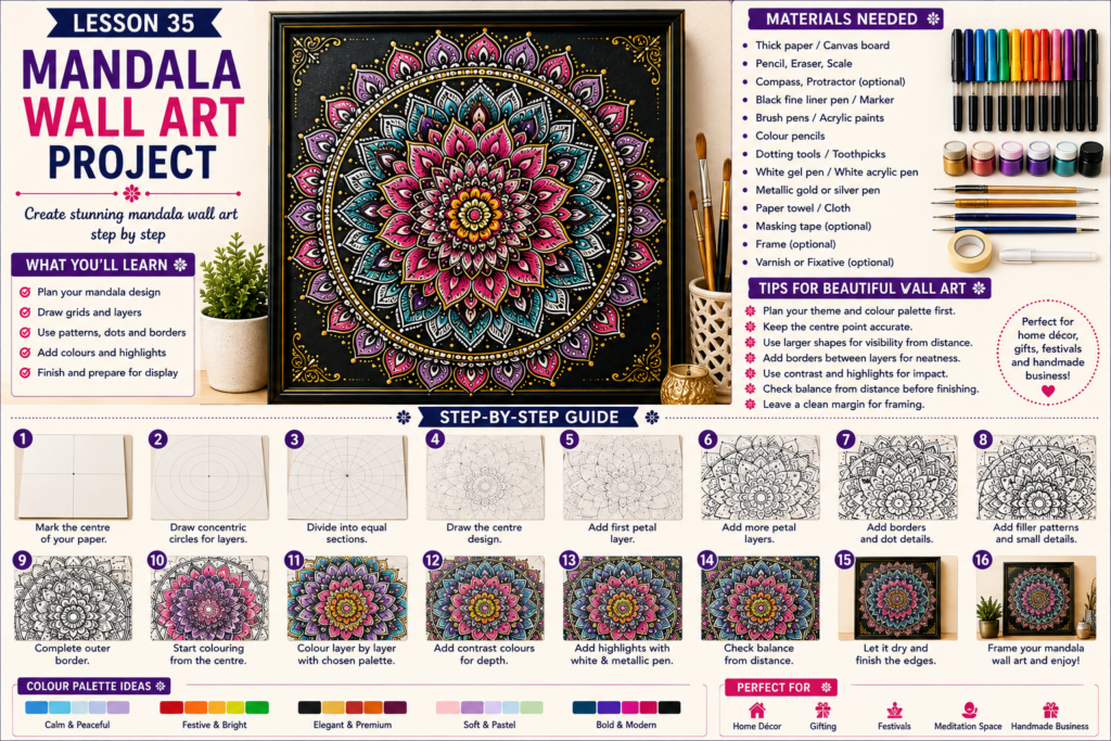 A step-by-step mandala wall art project showing grid planning, layered patterns, colour balance, bold borders, highlights and handmade décor finishing. Representative image.