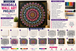 A step-by-step mandala wall art project showing grid planning, layered patterns, colour balance, bold borders, highlights and handmade décor finishing. Representative image.