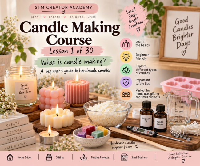 STM Creator Academy’s Candle Making Course begins with Lesson 1, a beginner-friendly introduction to handmade candles, candle types, basic supplies, safety tips, gifting ideas and small business possibilities at silkthreadmaterials.com.