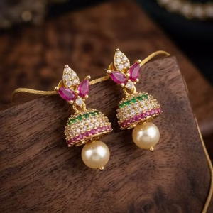 One Gram Gold Plated Ruby Emerald CZ Jhumka Earrings with Pearl Drops