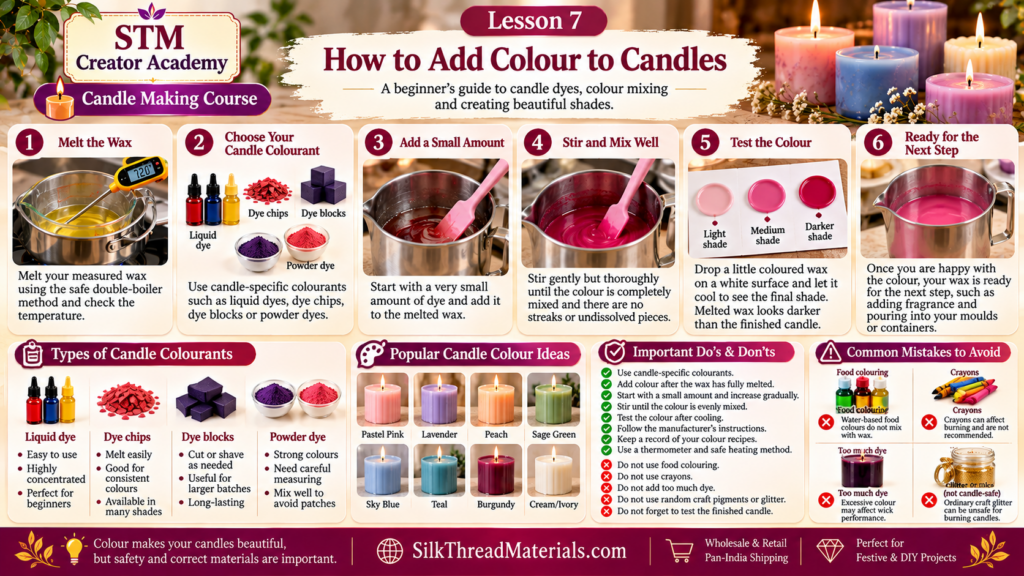 Learn how to add colour to candle wax, mix custom shades and avoid common colouring mistakes in Lesson 7 of the STM Creator Academy Candle Making Course.