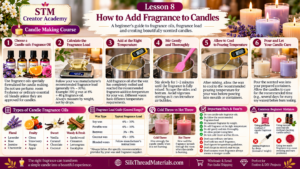 Learn how to measure and add fragrance oil, understand fragrance load and improve scent throw in Lesson 8 of the STM Creator Academy Candle Making Course.