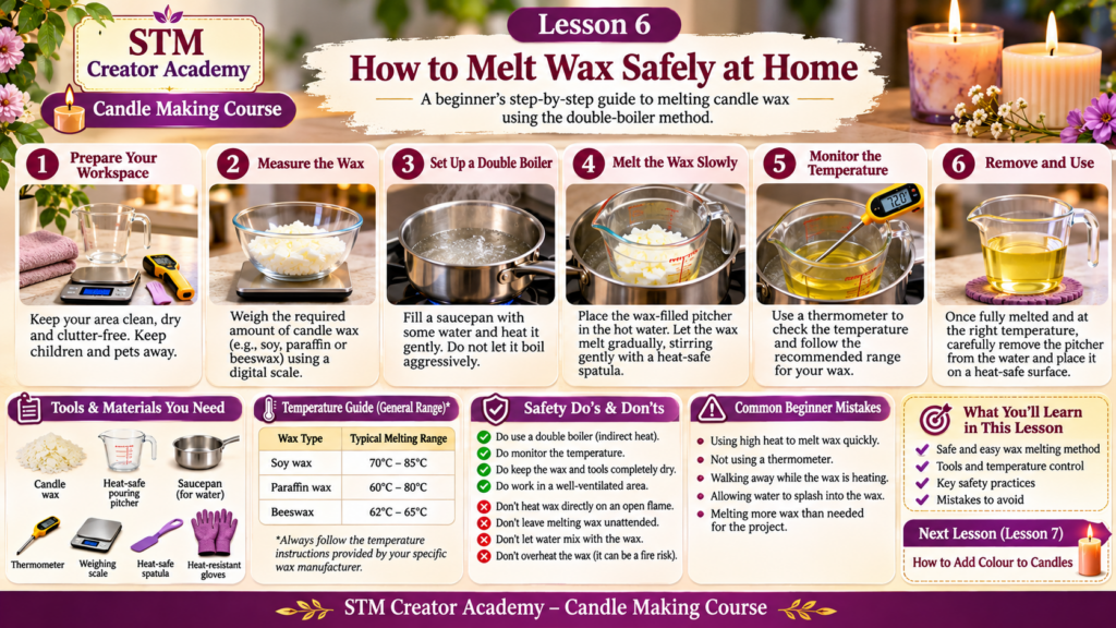 Learn how to melt candle wax safely at home using a simple double-boiler method in Lesson 6 of the STM Creator Academy Candle Making Course.