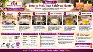 Learn how to melt candle wax safely at home using a simple double-boiler method in Lesson 6 of the STM Creator Academy Candle Making Course.