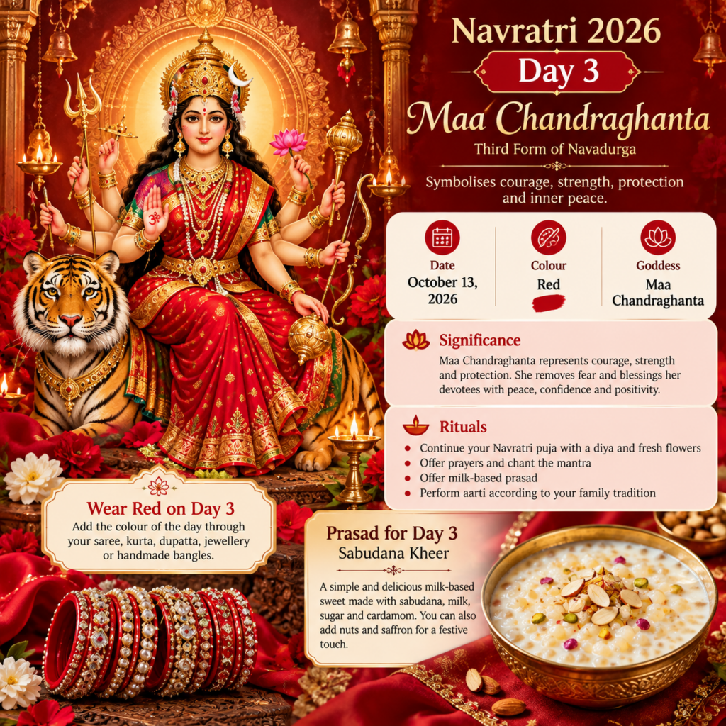 Navratri 2026 Day 3 is October 13. Learn Maa Chandraghanta significance, Red colour tradition, simple puja rituals and Sabudana Kheer prasad recipe.