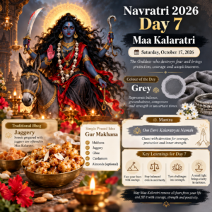 Navratri Day 7 is October 17, 2026. Learn Maa Kalaratri significance, Grey colour, puja rituals, jaggery prasad and the deeper meaning of facing fear.