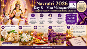 Navratri Day 8 is October 18, 2026. Learn Maa Mahagauri significance, Purple colour, coconut prasad, Kanya Puja and the deeper meaning of renewal.