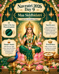 Navratri Day 9 is October 19, 2026. Learn Maa Siddhidatri significance, Peacock Green colour, sesame prasad and the deeper meaning of completion.